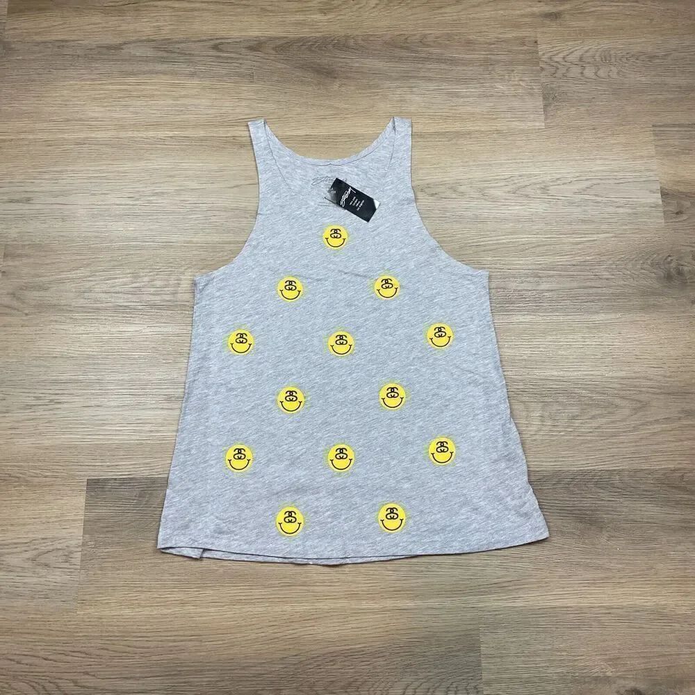 Stussy Tank Top Womens Small Gray Happy Face Beach Casual